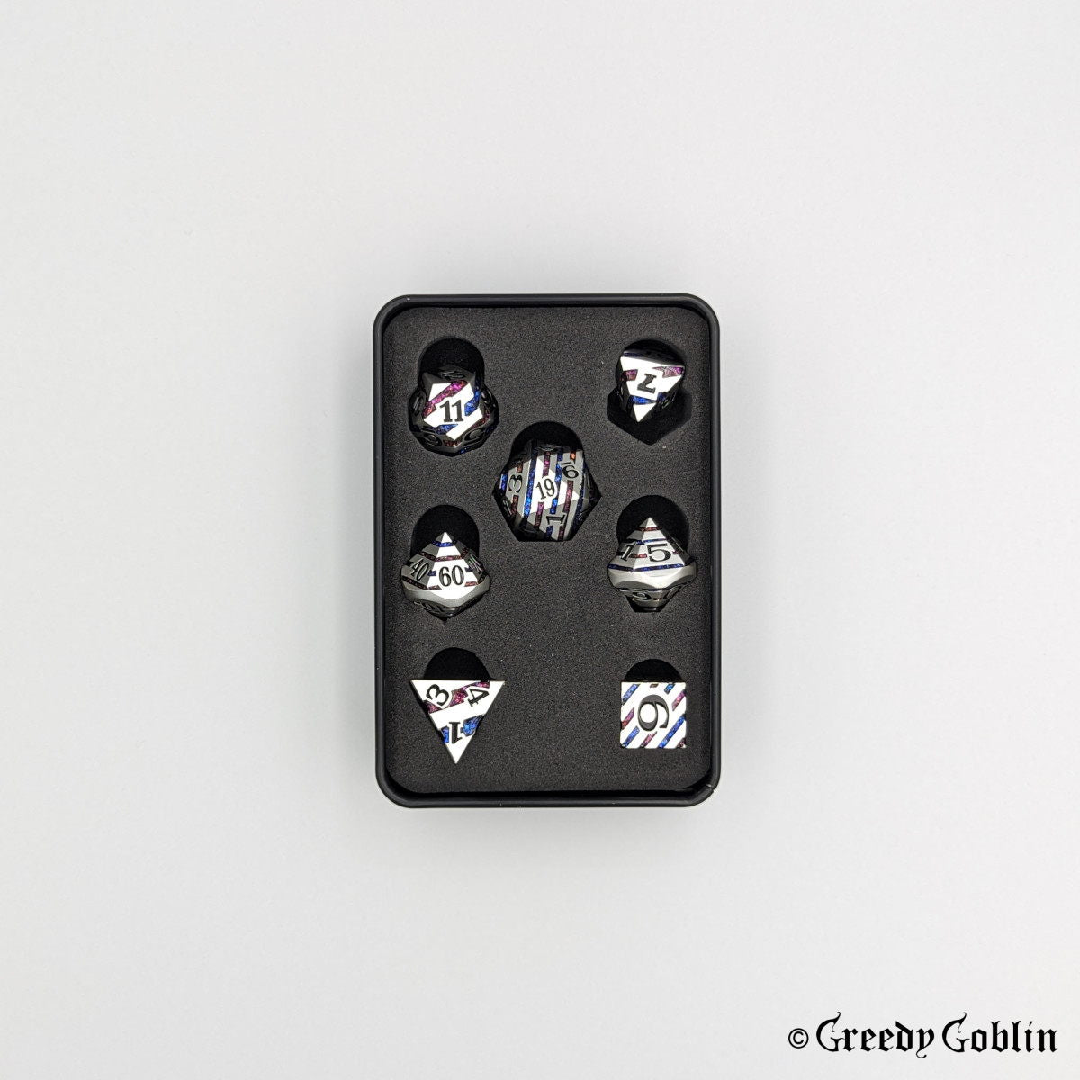 Metal Polydice Set (Silver with Blue Red Striped Sparkle)