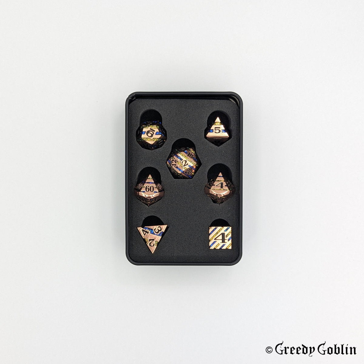 Metal Polydice Set (Copper with Blue Yellow Striped Sparkle)