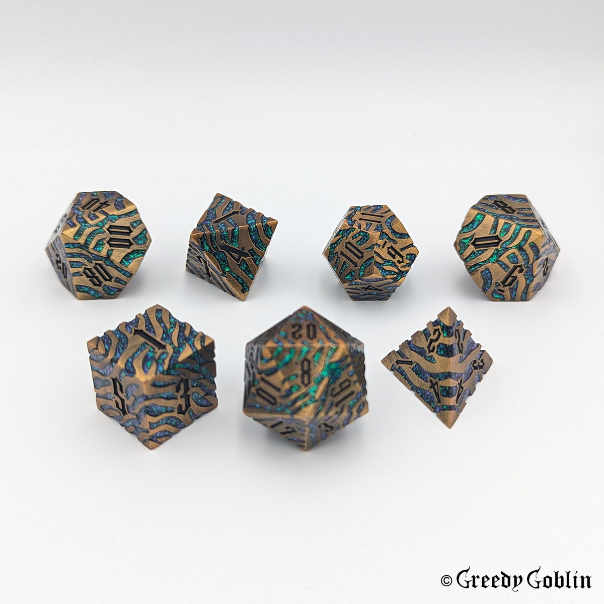 Metal Polydice Set (Bronze with Blue Green Tiger Stripes)