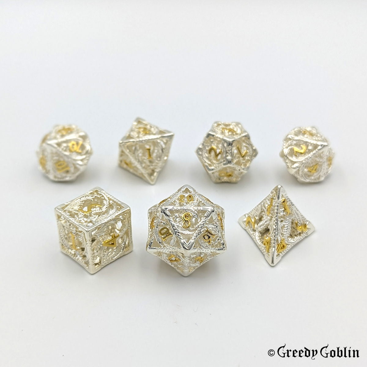 Metal Hollow Dice Set (Dragon Silver Gold)