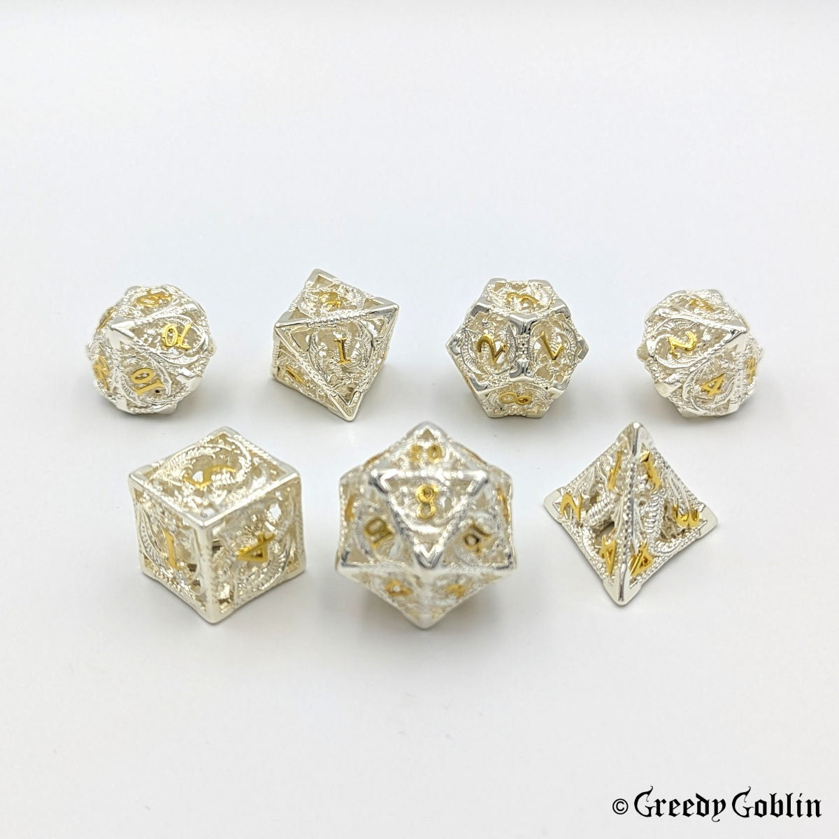 Metal Hollow Dice Set (Dragon Silver Gold)