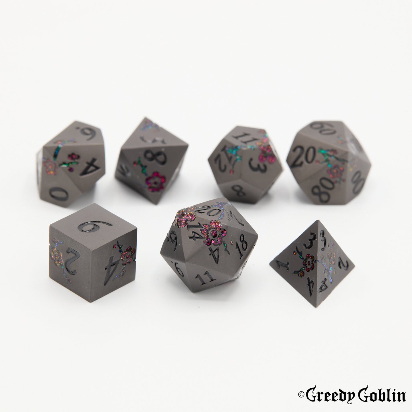 Metal Polydice Set (Grey with Flower)