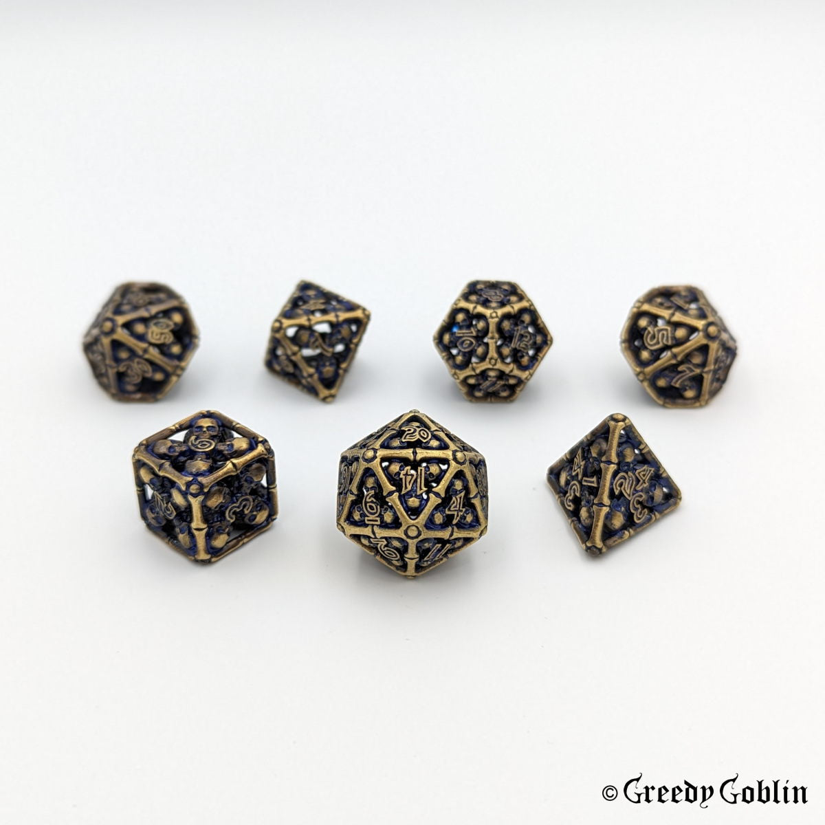 Metal Hollow Dice Set (Bronze Skulls with Blue)