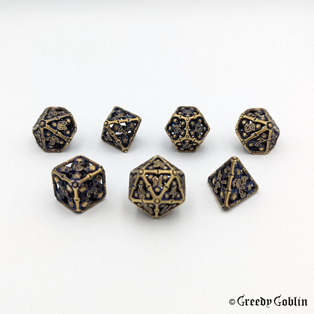 Metal Hollow Dice Set (Bronze Skulls with Blue)