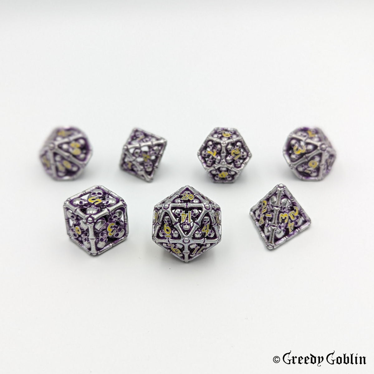 Metal Hollow Dice Set (Silver Skulls Purple Yellow)