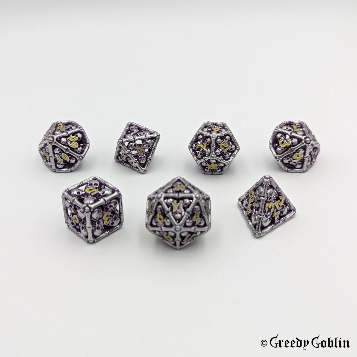 Metal Hollow Dice Set (Silver Skulls Purple Yellow)