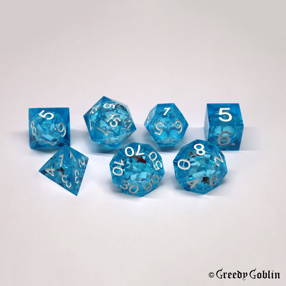 Liquid Core Dice Set Transparent Blue with White Liquid Core Koi