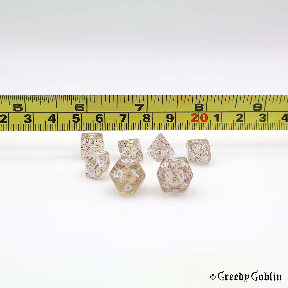 Mini Dice Set Transparent with Multi-Colored Shiny Flakes
