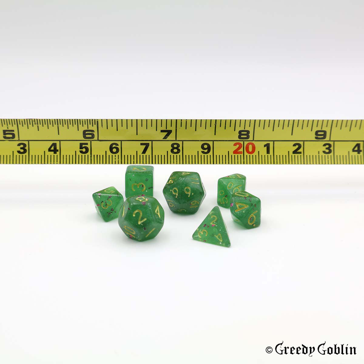 Mini Dice Set Transparent Green with Shiny Flakes