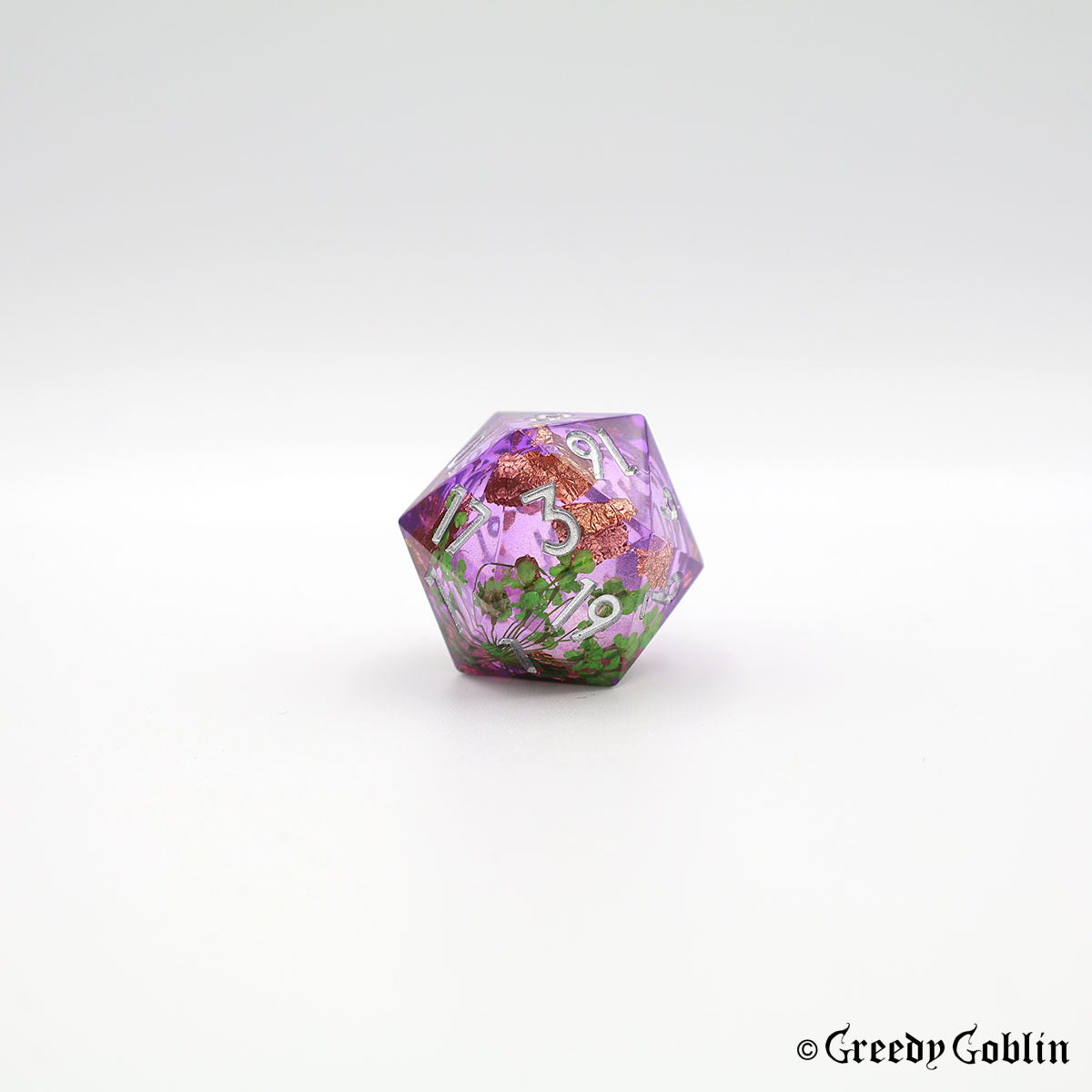 Liquid Core Dice Set (Transparent Purple with Green Flowers)