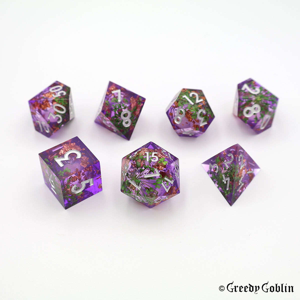 Liquid Core Dice Set (Transparent Purple with Green Flowers)