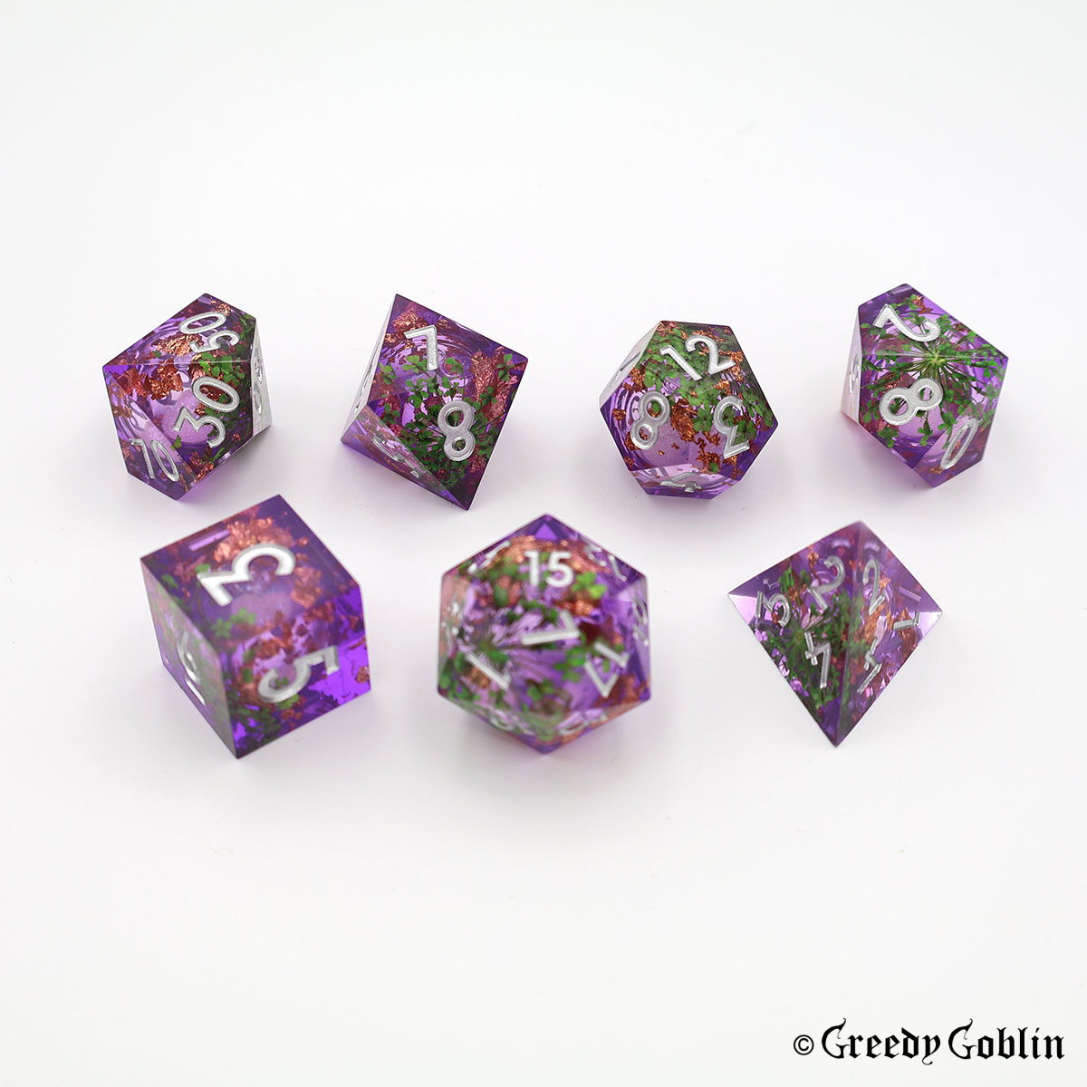 Liquid Core Dice Set (Transparent Purple with Green Flowers)