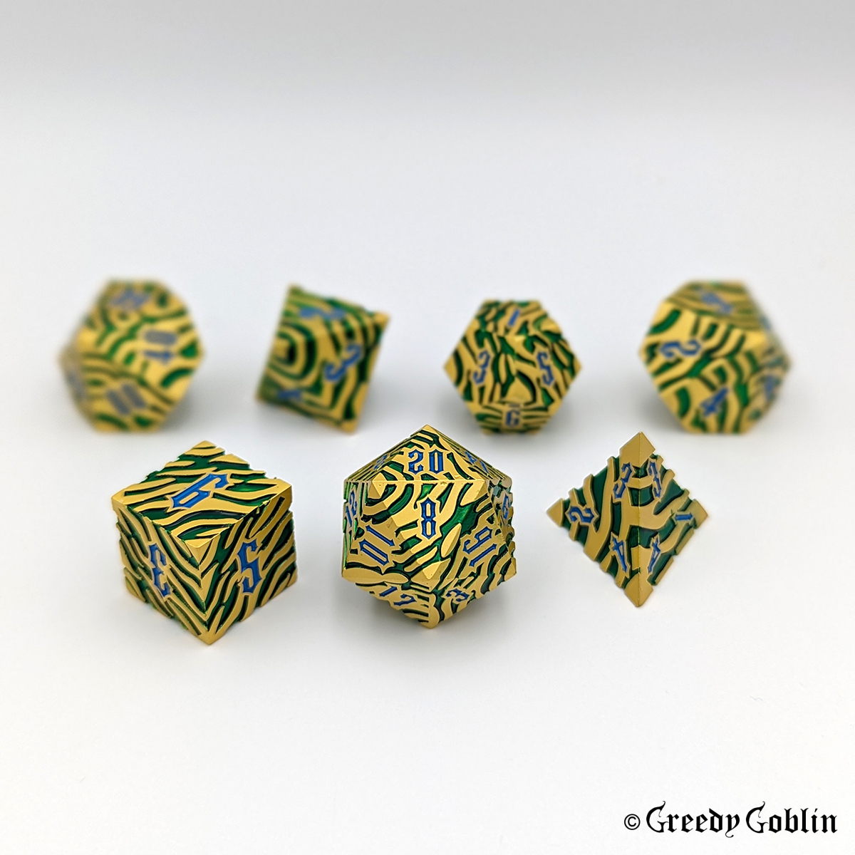 Metal Polydice Set (Gold with Blue Green Tiger Stripes)