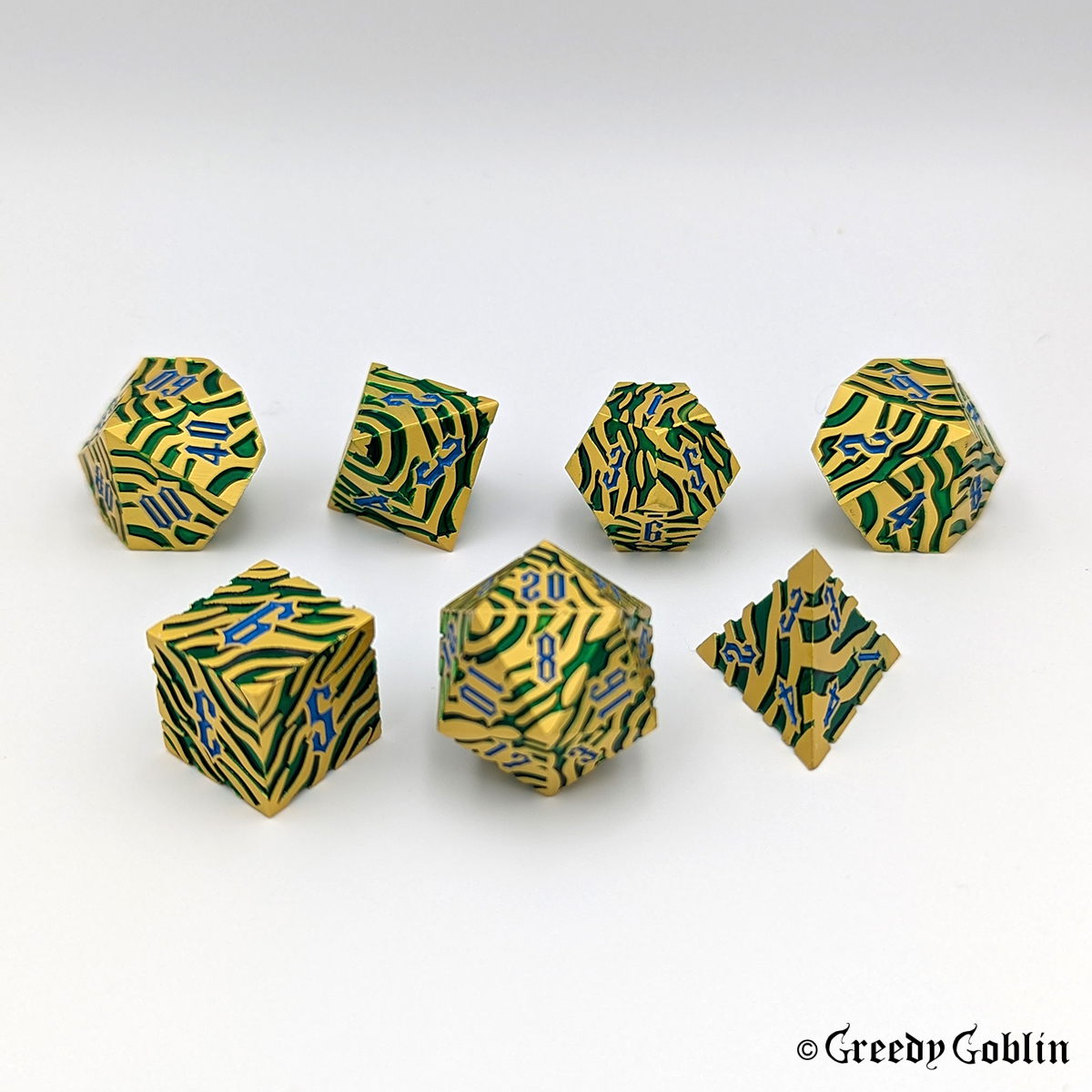 Metal Polydice Set (Gold with Blue Green Tiger Stripes)