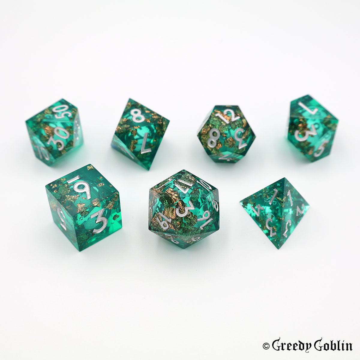Liquid Core Dice Set (Transparent Green with Gold Flakes)