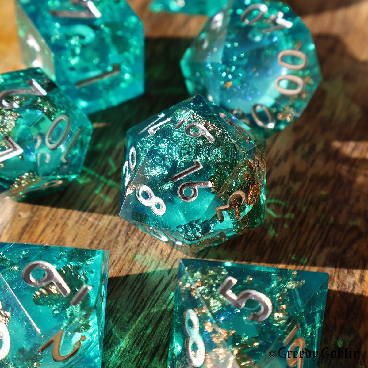 Liquid Core Dice Set (Transparent Green with Gold Flakes)