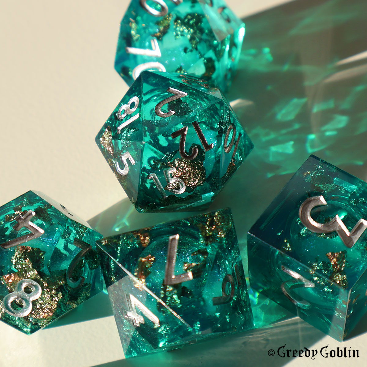 Liquid Core Dice Set (Transparent Green with Gold Flakes)