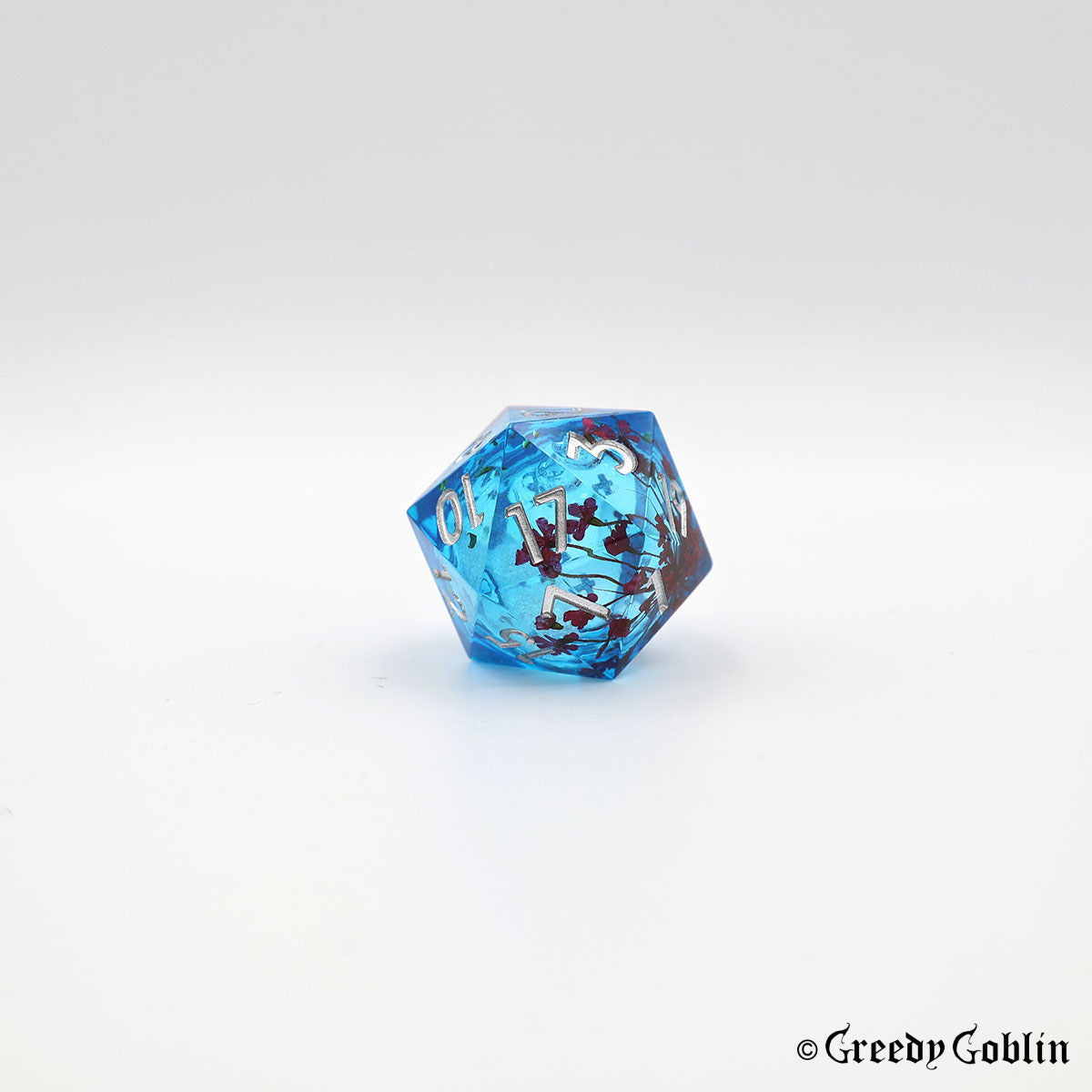 Liquid Core Dice Set (Transparent Blue with Red Flowers)
