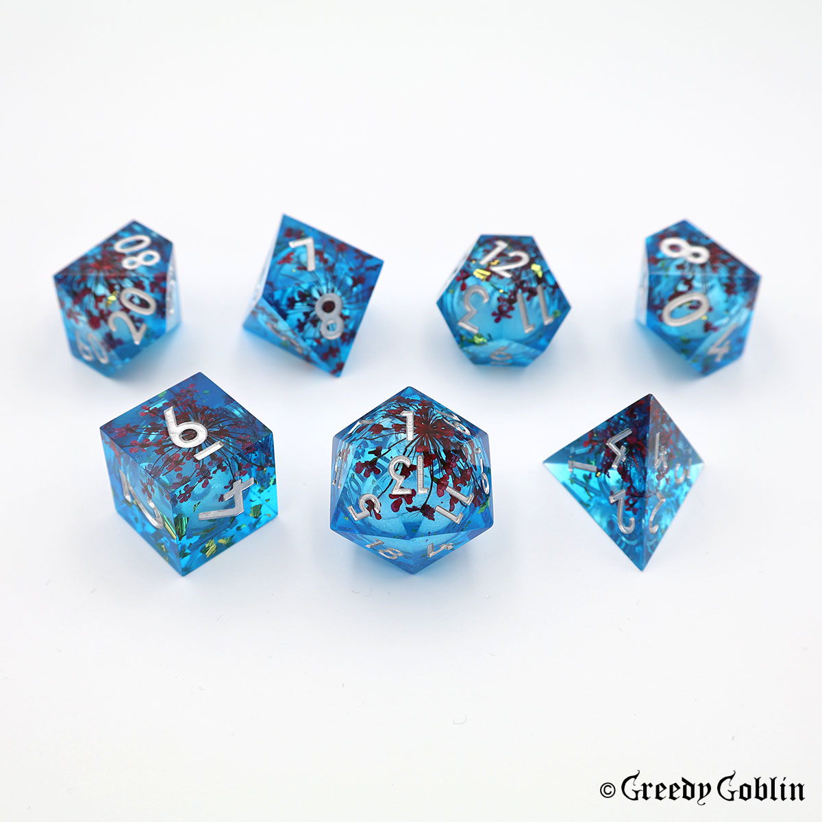 Liquid Core Dice Set (Transparent Blue with Red Flowers)