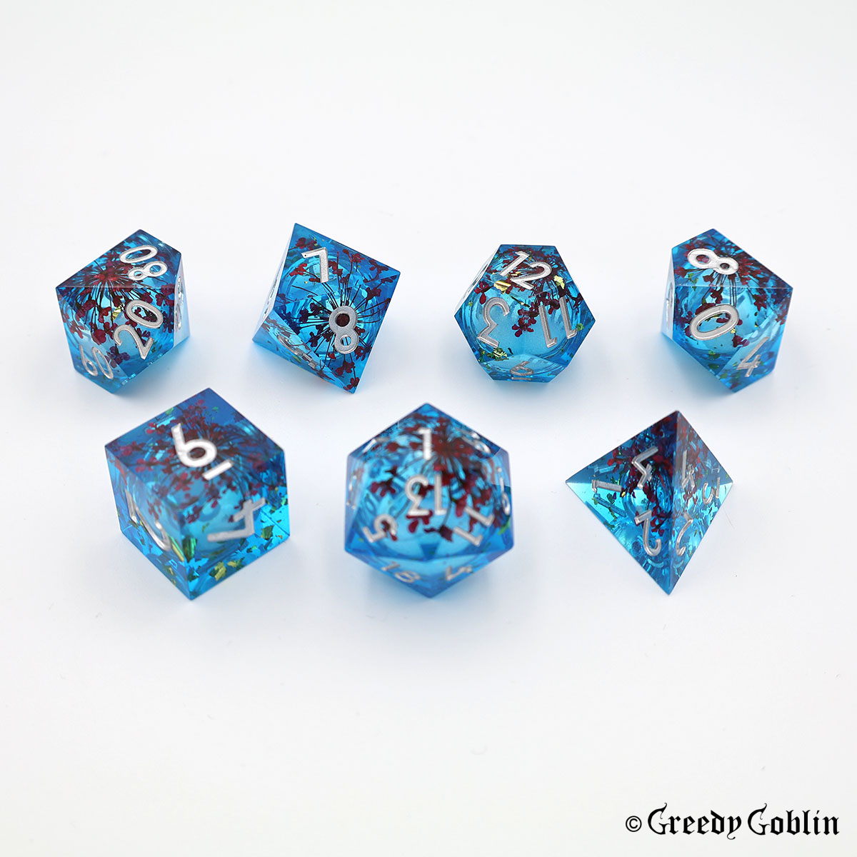 Liquid Core Dice Set (Transparent Blue with Red Flowers)