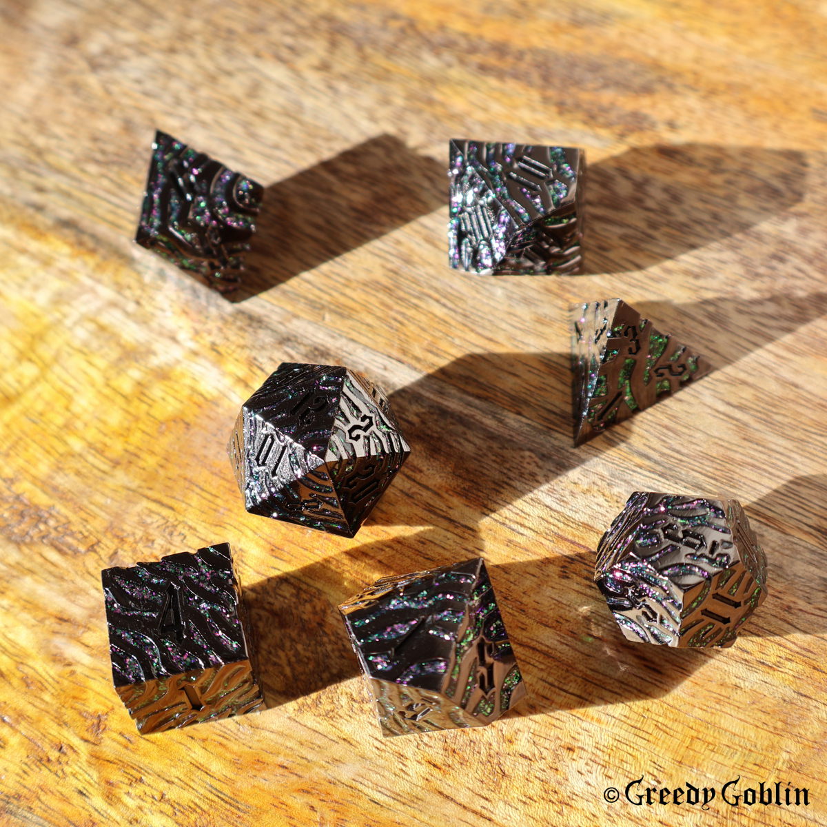 Metal Polydice Set (Gunmetal with Purple Green Tiger Stripes)