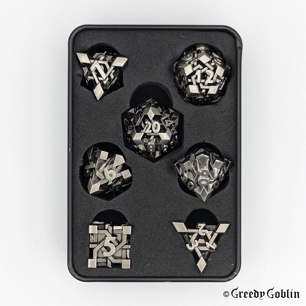 Dwarven Runestone Polydice Set (D100, D8, D12, D10, D6, D20, D4) with metal finish, in a tin box.
