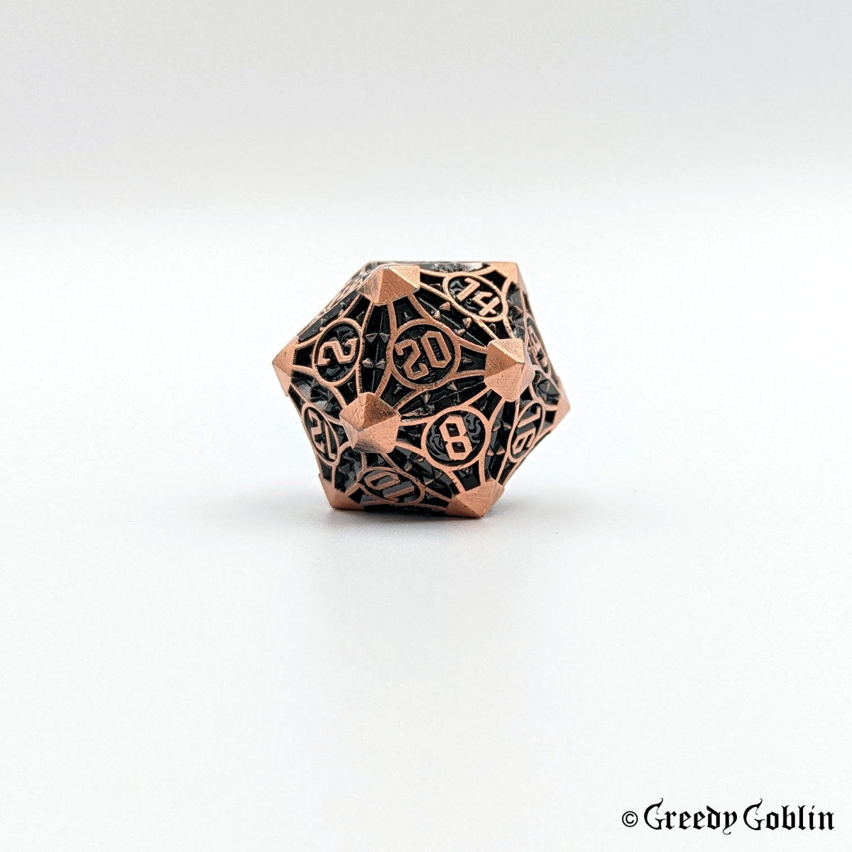Copper metal D20 with black engravings from Polydice set.