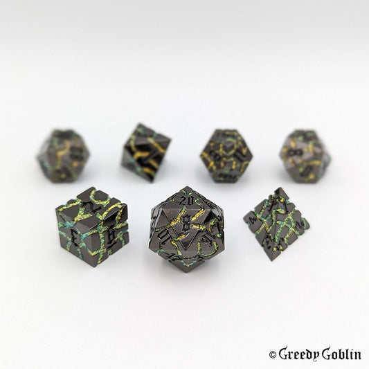 Metal Polydice Set (Gunmetal with Green Yellow Mica Veins)