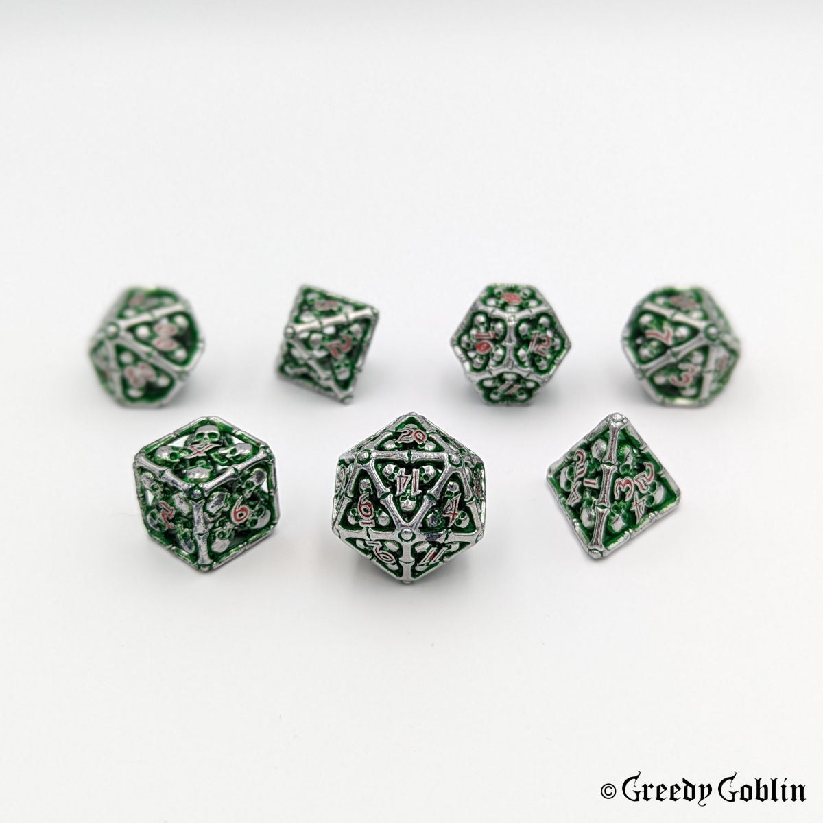 Metal Hollow Dice Set (Silver Skulls Green Red)