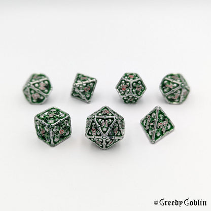 Metal Hollow Dice Set (Silver Skulls Green Red)