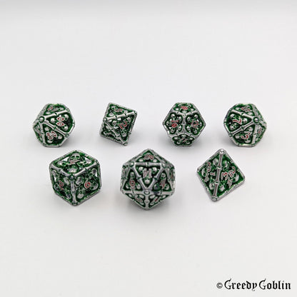 Metal Hollow Dice Set (Silver Skulls Green Red)