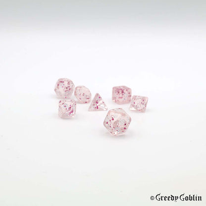 Mini Dice Set Transparent with Pink Shiny Flakes