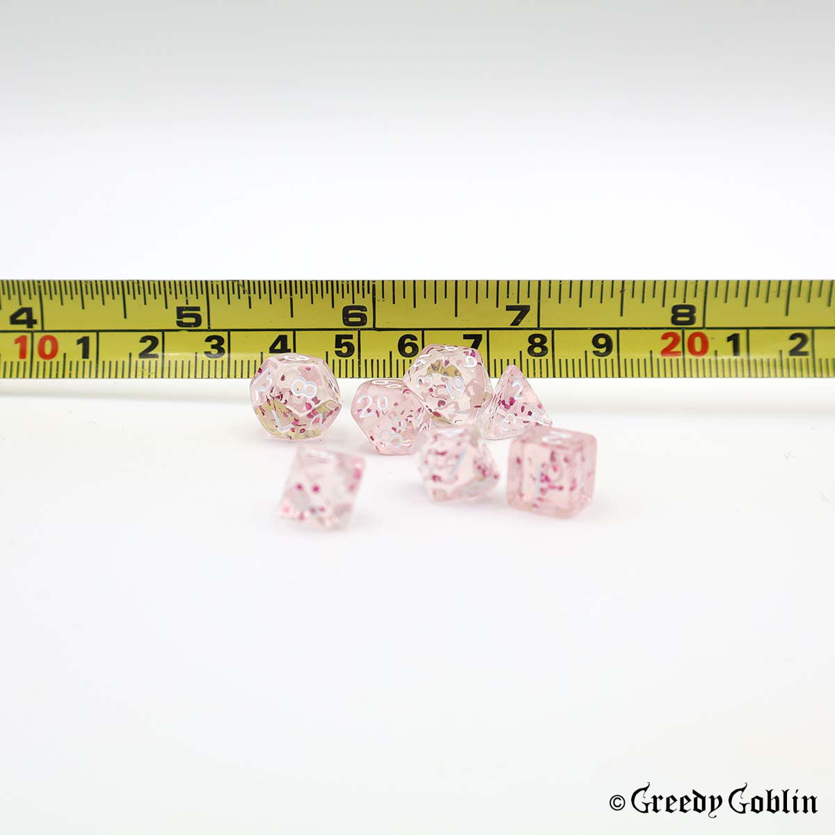 Mini Dice Set Transparent with Pink Shiny Flakes