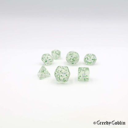 Mini Dice Set Transparent with Green Shiny Flakes