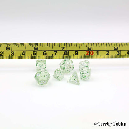 Mini Dice Set Transparent with Green Shiny Flakes