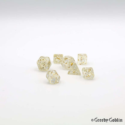 Mini Dice Set Transparent with Gold Shiny Flakes