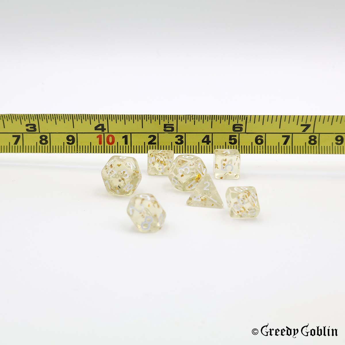 Mini Dice Set Transparent with Gold Shiny Flakes