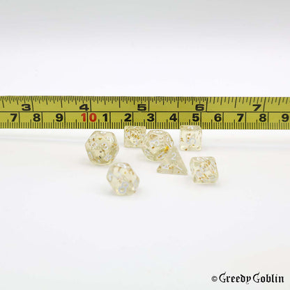 Mini Dice Set Transparent with Gold Shiny Flakes