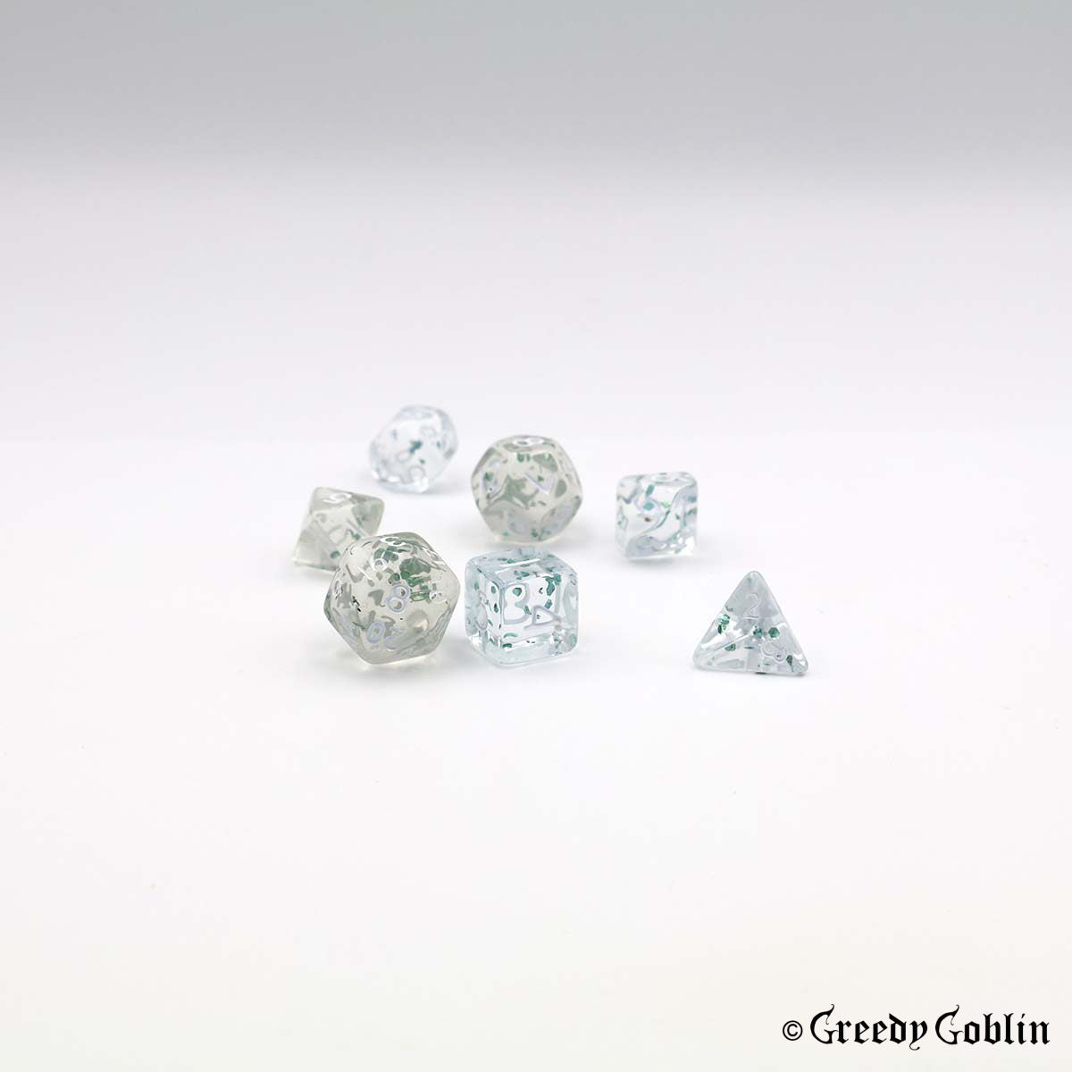 Mini Dice Set Transparent with Blue Shiny Flakes