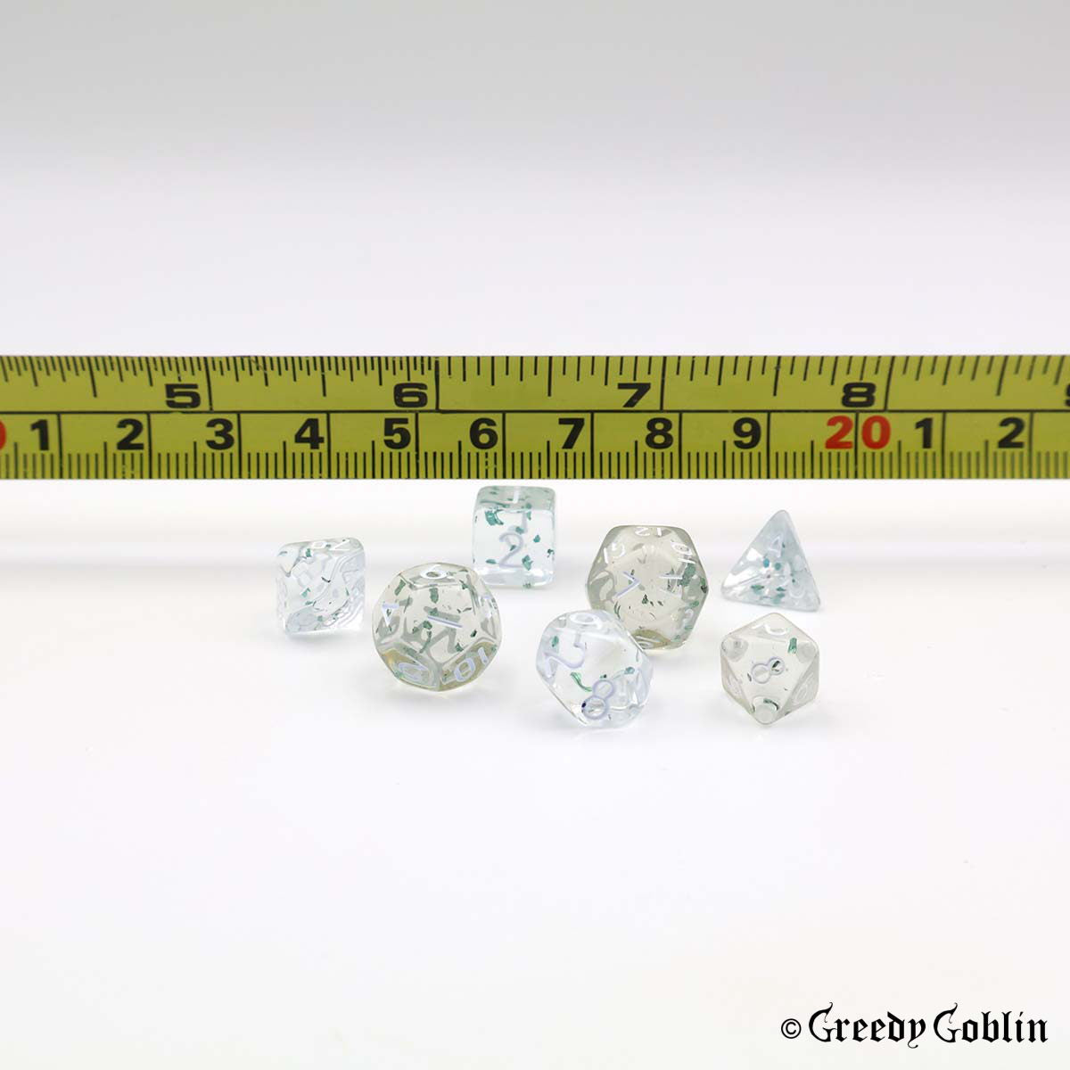 Mini Dice Set Transparent with Blue Shiny Flakes