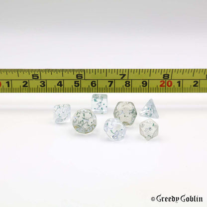 Mini Dice Set Transparent with Blue Shiny Flakes