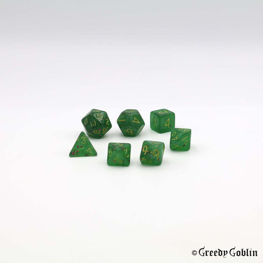 Mini Dice Set Transparent Green with Shiny Flakes