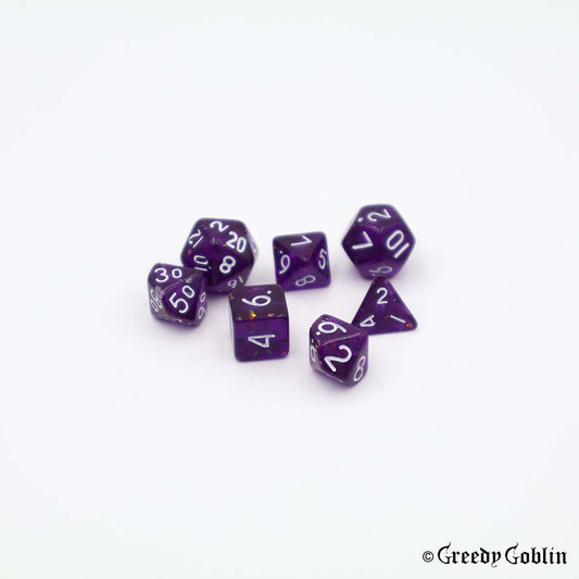 Mini Dice Set Transparent Purple with Shiny Flakes