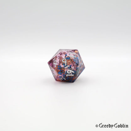 Liquid Core Dice Set (Transparent Purple with Blue Flowers)