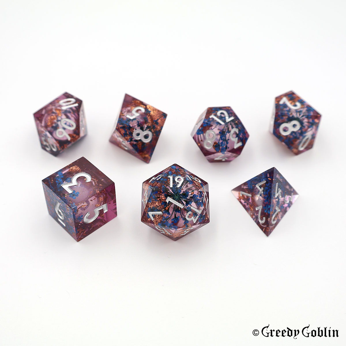 Liquid Core Dice Set (Transparent Purple with Blue Flowers)