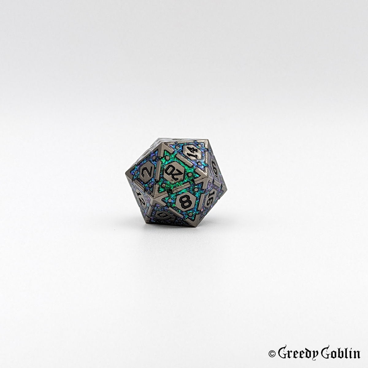 A multi-colored, intricately patterned 20-sided die is shown on a plain white background.