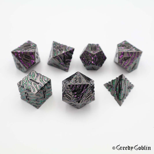 Metal Polydice Set (Gunmetal with Purple Green Tiger Stripes)