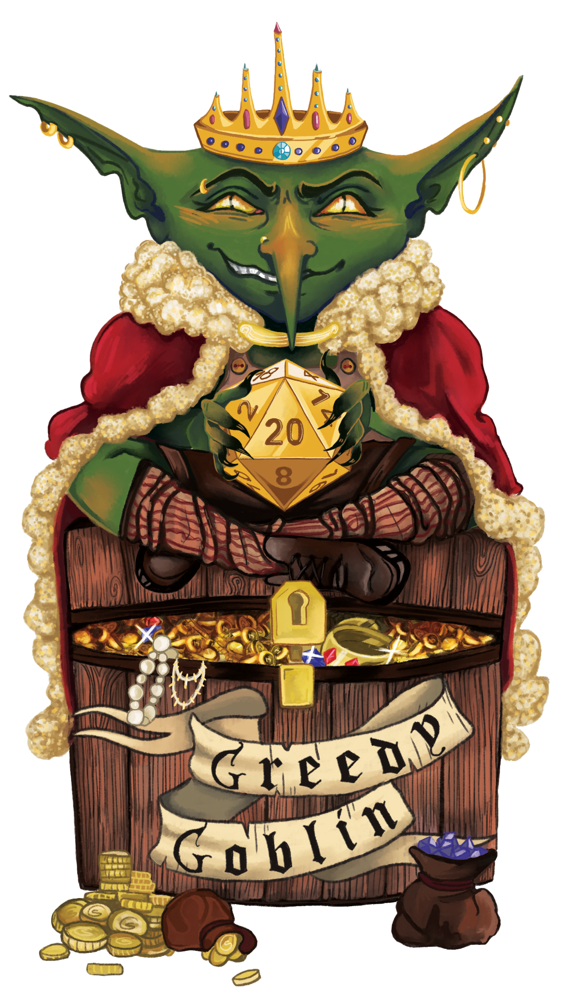 King Grimlon the Greedy Goblin wearing his crown and ruby red cape while sitting on a treasure chest full of gold, holding a large golden D20 die.