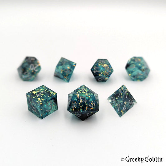 Sharp Polydice Set (Transparent Teal with Gold Flakes)